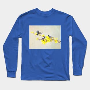 Chickadees Birds and Forsythia Flowers Long Sleeve T-Shirt